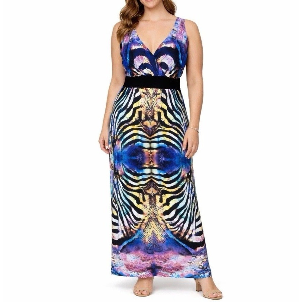 RONNI NICOLE Maxi Dress Womens 10 Multicolor Animal Print Sleeveless V-Neck